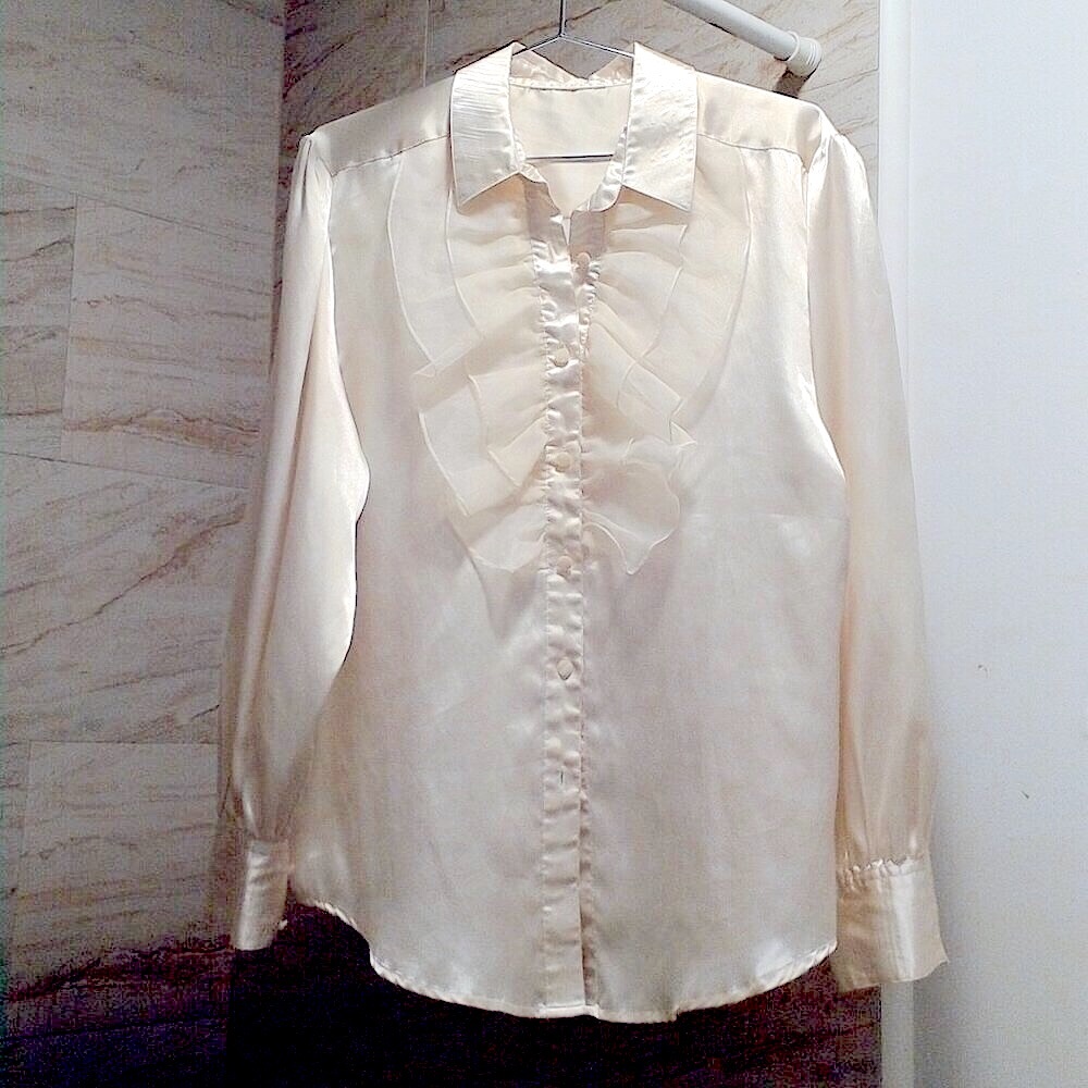 Silky Vintage Organza Cream Ruffle Blouse